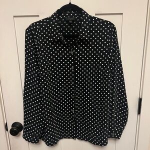 J.Jill Blouse Size Large PETITE Polka Dot Long Sleeve Button Up Black & White
